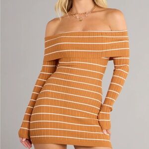 Windsor Tan Striped Off-Shoulder Dress